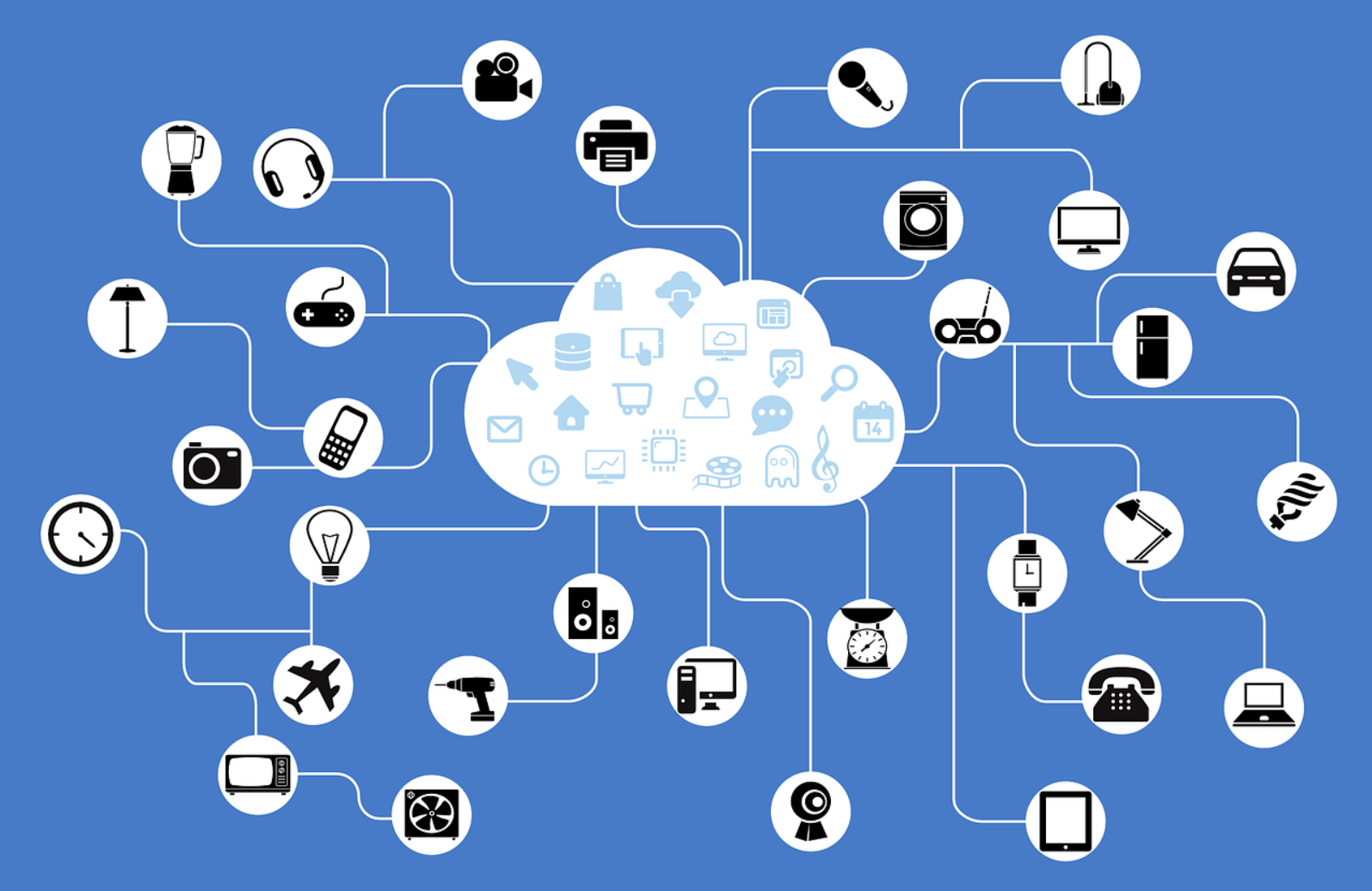 a blue background with a white cloud and small white circles showing IoT devices connected to cloud services