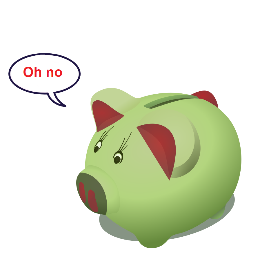 A green piggy bank with a speech bubble saying "Oh No"