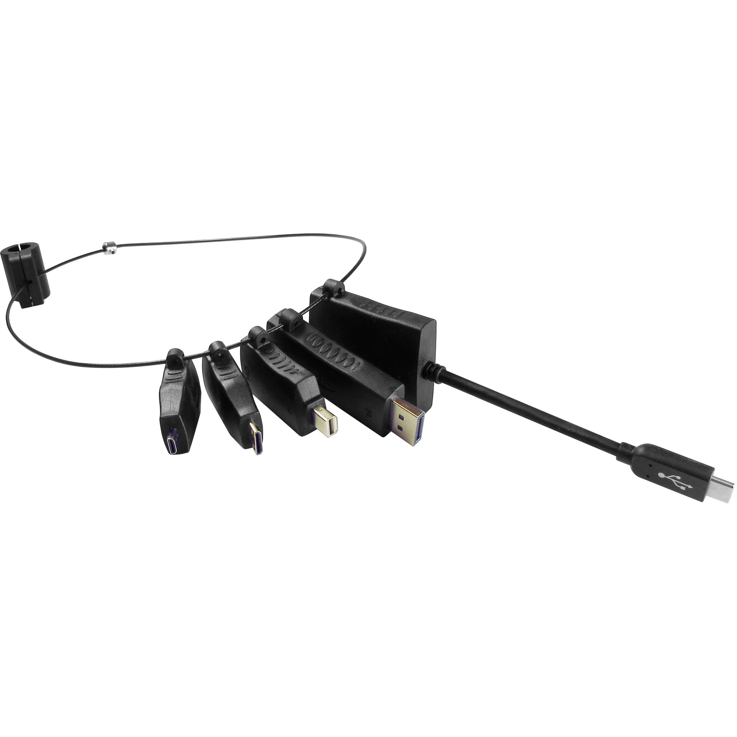 A ring of USB adapters against a white background. They provide a variety of conversions between popular USB types.