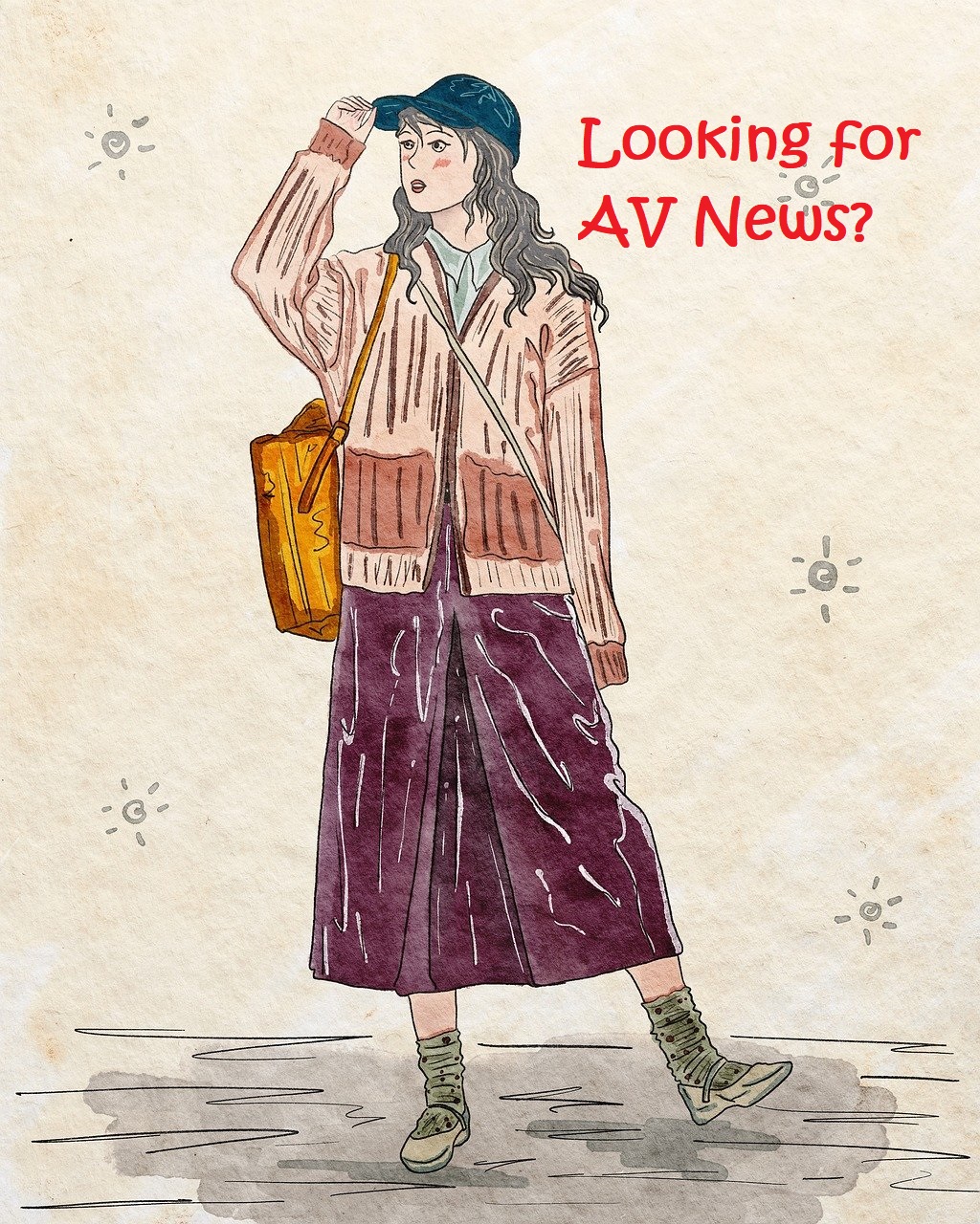 an illustration of a person with long hair, wearing a blue baseball cap, yellow shoulder bag, purple skirt, pink coat, socks and shoes holds their hand up near their face as though looking into the distance. Garish red text reads "Looking for AV News?"