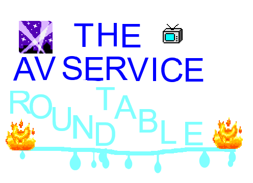 a pixelated image that says The AV Service in blue text and Round Table in teal text. There are fire images and a TV. This was made in the classic program KidPix